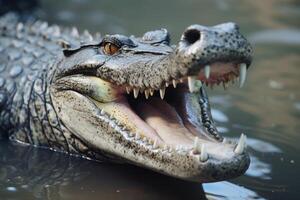 ai gegenereerd gecamoufleerd krokodil komt tevoorschijn met toothy grijns. foto