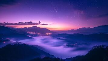 ai gegenereerd bergen in mist Aan mooi nacht. landschap met hoog berg vallei, laag wolken, Woud, Purper lucht met sterren, verhelderend de stad Bij zonsondergang ai gegenereerd foto