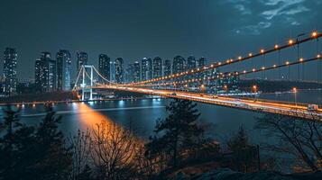ai gegenereerd prachtig verlichte brug Bij nacht, met de stad lichten in de achtergrond ai gegenereerd foto