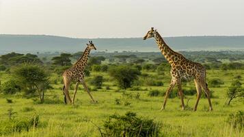 ai gegenereerd foto giraffe in natuurlijk milieu groen oerwoud ai gegenereerd
