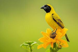 ai gegenereerd foto detailopname schot van geel vogel neergestreken Aan een log Aan glad groen achtergrond ai gegenereerd