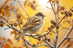 ai gegenereerd mus neergestreken Aan een Afdeling temidden van herfst gebladerte ai gegenereerd foto