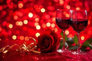 ai gegenereerd Valentijnsdag dag of romantisch concept. twee bril Liaan met roos rood bokeh achtergrond ai gegenereerd foto