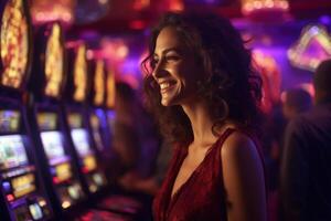 ai gegenereerd vrouw genieten van sleuf machine Bij casino. foto