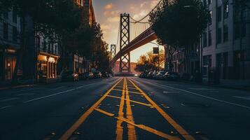 ai gegenereerd mooi visie van groot suspensie brug dat strekt zich uit aan de overkant de kader, verlichte door de zacht gloed van de instelling zon van de zonsondergang ai gegenereerd foto