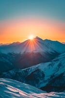 ai gegenereerd foto mooi landschap van hoog rotsachtig bergen gedekt met sneeuw onder de adembenemend lucht, zonnen van de zonsondergang, minimalistische stijl ai gegenereerd