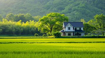 ai gegenereerd huis de platteland, verdelen de weelderig groen velden, lang blootstelling fotografie ai gegenereerd foto