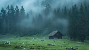 ai gegenereerd sereen Woud met eenzaam cabine in de midden- van groen veld- omringd door hoog, dicht bomen. de atmosfeer is mistig, geven de tafereel mystiek en rustig uitstraling ai gegenereerd foto