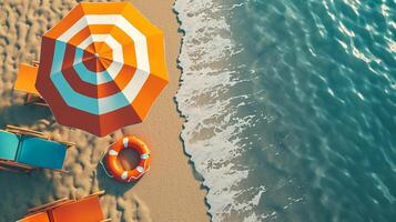 ai gegenereerd strand paraplu stoelen, opblaasbaar ring Aan strand zand. zomer vakantie concept.top visie ai gegenereerd foto