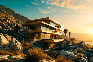 ai gegenereerd luxe gouden huis buitenkant in de woestijn, sereen oceanisch uitzicht ai gegenereerd foto