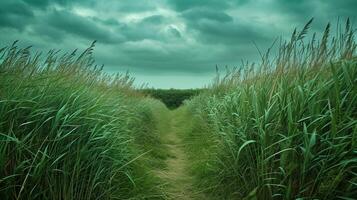 ai gegenereerd versmallen traject snijdend door hoog gras. de gras Aan of kant van de pad zijn dicht en verschijnen naar worden zwaaiend, geven dynamisch voelen naar de tafereel. ai gegenereerd foto