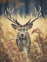 ai gegenereerd majestueus hert staand temidden van hoog, wild grassen ai gegenereerd foto