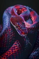 ai gegenereerd levendig beeld van een slang met balans dat zijn verlichte in levendig rood en donker tonen ai gegenereerd foto