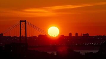ai gegenereerd verbijsterend foto van zonsondergang met een oranje en geel helling lucht. de zon is prominent zichtbaar, instelling achter de silhouet van suspensie brug. stadsgezicht silhouet ai gegenereerd