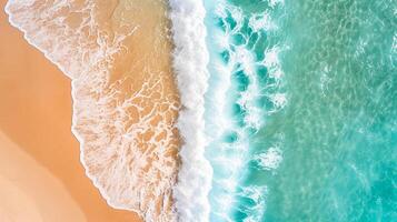 ai gegenereerd sereen beeld vangt strand en oceaan, presentatie van de vergadering punt van land- en zee ai gegenereerd foto