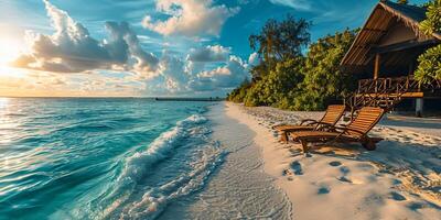 ai gegenereerd tropisch paradijs. luxe panoramisch uitzicht Aan Maldiven toevlucht Aan zeegezicht achtergrond. bungalow, villa's Aan mooi exotisch strand Aan de oceaan. spa, vrije tijd, concept ai gegenereerd foto