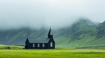 ai gegenereerd foto IJsland landschap van mooi kerk nevelig bergen in de achtergrond ai gegenereerd