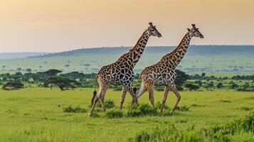 ai gegenereerd twee giraffen sierlijk wandelen door een weelderig, groen landschap ai gegenereerd foto