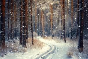 ai gegenereerd beeld van besneeuwd pad kronkelend door dicht Woud van hoog, slank bomen. sneeuwvlokken zijn vallend voorzichtig, toevoegen naar de rustig en sereen atmosfeer ai gegenereerd foto
