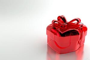 ai gegenereerd Valentijnsdag verrassing 3d rood hart geschenk doos, lint, top visie, leeg ruimte, ai gegenereerd foto