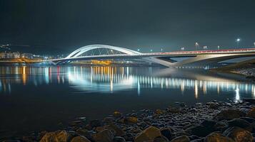 ai gegenereerd sereen nacht tafereel met een architectonisch modern brug ai gegenereerd foto