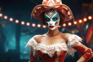 braziliaans vrouw in carnaval kleding vervelend een masker foto