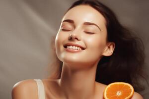 ai gegenereerd jong vrouw geniet vitamine c voor huid met oranje foto