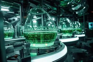 ai gegenereerd groen capsule geneeskunde pil productie lijn industrieel farmaceutisch concept foto