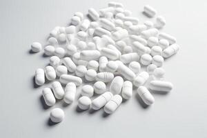 ai gegenereerd verspreide capsules symboliseren apotheek en drugs. foto