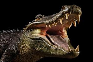 ai gegenereerd geïsoleerd dieren in het wild krokodil met Open mond foto
