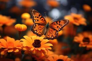ai gegenereerd oranje vlinder en oranje kosmos bloemen foto