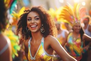 ai gegenereerd blij braziliaans carnaval viering met dansen Dames foto