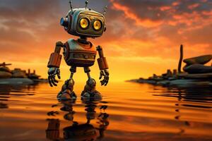 ai gegenereerd een robot van de toekomst wandelingen Aan water Bij zonsondergang. robotisering foto
