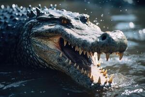 ai gegenereerd gecamoufleerd krokodil komt tevoorschijn met toothy grijns. foto