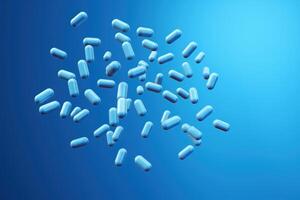 ai gegenereerd vallend blauw geneeskunde pil capsules Aan blauw achtergrond. antibiotica foto