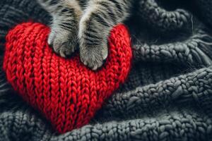 ai gegenereerd Valentijnsdag dag kat met rood gebreid hart Aan ansichtkaart foto