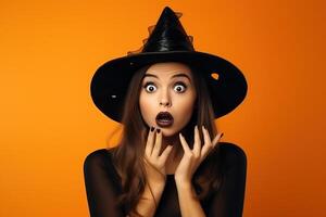 ai gegenereerd schattig meisje in halloween heks kleding, versteld staan, geïsoleerd foto