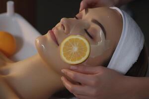 ai gegenereerd vitamine c masker toegepast door schoonheidsspecialist in salon. foto