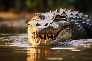 ai gegenereerd portret van een zout water krokodil in daintree regenwoud, Australië foto