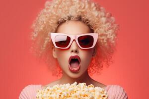 ai gegenereerd emotioneel meisje poses in 3d bril met popcorn mand foto