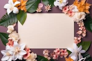 ai gegenereerd bloemen en blad lay-out met papier kaart Notitie foto