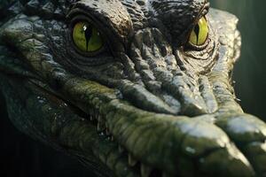 ai gegenereerd detailopname van groot krokodil hoofd met toothy mond en groen oog. foto