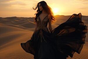 mysterieus Arabisch vrouw in zwart jurk met vloeiende zijde kleding stof in woestijn foto