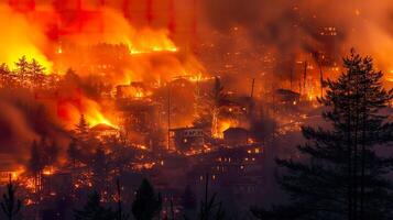 ai gegenereerd klimaat verandering crisis, wildvuur overspoelt stad- in verwoestend vlammen foto