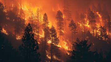 ai gegenereerd klimaat verandering crisis, wildvuur overspoelt stad- in verwoestend vlammen foto