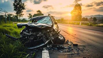 ai gegenereerd Gevaar ontketend, auto Botsing ongeluk Aan de weg foto