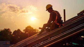 ai gegenereerd bouw arbeider veiligheid, op het dak project met stoel riem foto