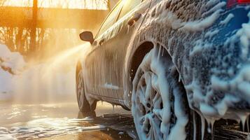 ai gegenereerd auto spa beleven, doeltreffend auto wassen met schuim en water foto