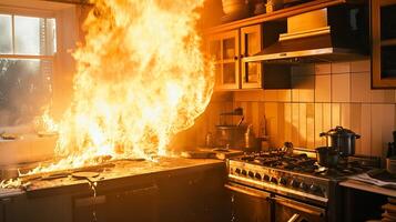 ai gegenereerd ontsnappen de brandend keuken, intens huis brand ramp foto