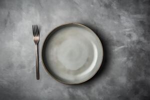 ai gegenereerd keramisch bord, lepel, vork, servet Aan keuken tafel foto